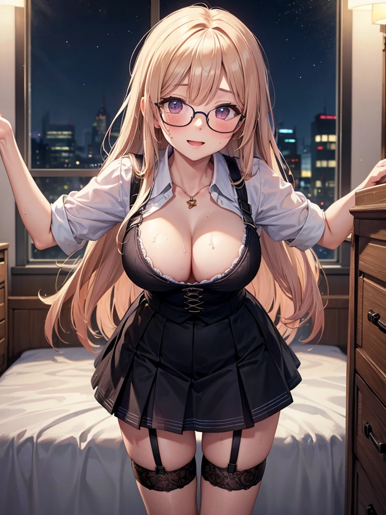 ((Highest quality)), ((masterpiece)), (detailed), woman,Age 20,private teacher,Uniform,(Open the chest),(mini skirt),Big Breasts,blush,Underbust,Glasses,(丸くて大きいGlasses),(Her cleavage is visible),(Excited expression),(Seduce),night,Health Room,bed,Dim lighting,(Dark Room),(Moonlit Room),(薄Dark Roomで),(In a messy room),Browsing Caution,sexy,Sweat,(Black garter belt),(Leaning forward to accentuate one&#39;s breasts),short hair