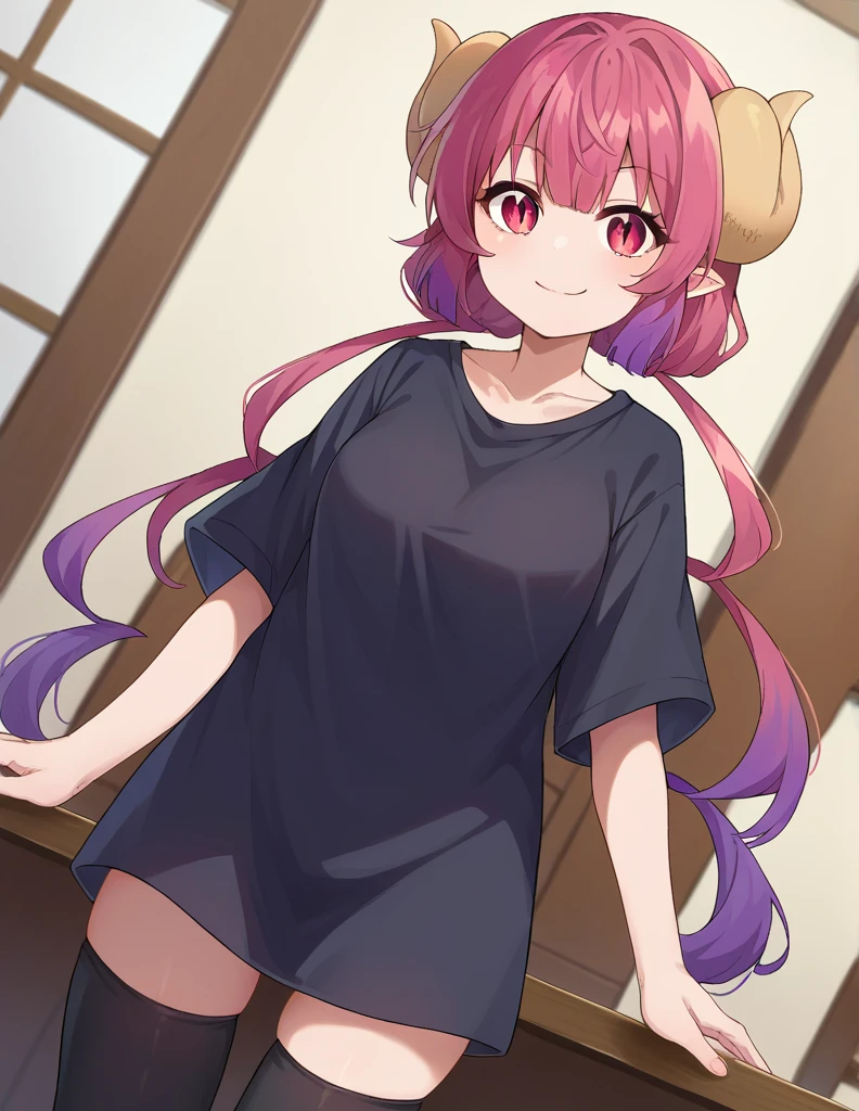 score_9, score_8_up, score_7_up, source_anime,
dragonilulu, ilulu, curled horns, horns, long hair, multicolored hair, purple hair, red eyes, red hair, slit pupils, smile,
black shirt, long shirt, black thighhighs, collarbone, shirt, short sleeves, thighhighs, wide sleeves, zettai ryouiki,
indoors,
looking at viewer, cowboy shot, dutch angle,