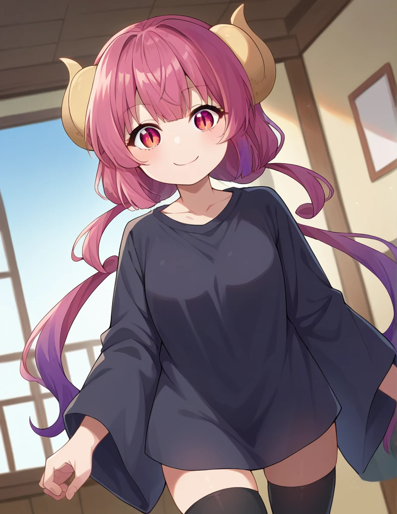 score_9, score_8_up, score_7_up, source_anime,
dragonilulu, ilulu, curled horns, horns, long hair, multicolored hair, purple hair, red eyes, red hair, slit pupils, smile,
black shirt, long shirt, black thighhighs, collarbone, shirt, short sleeves, thighhighs, wide sleeves, zettai ryouiki,
indoors,
looking at viewer, cowboy shot, dutch angle,