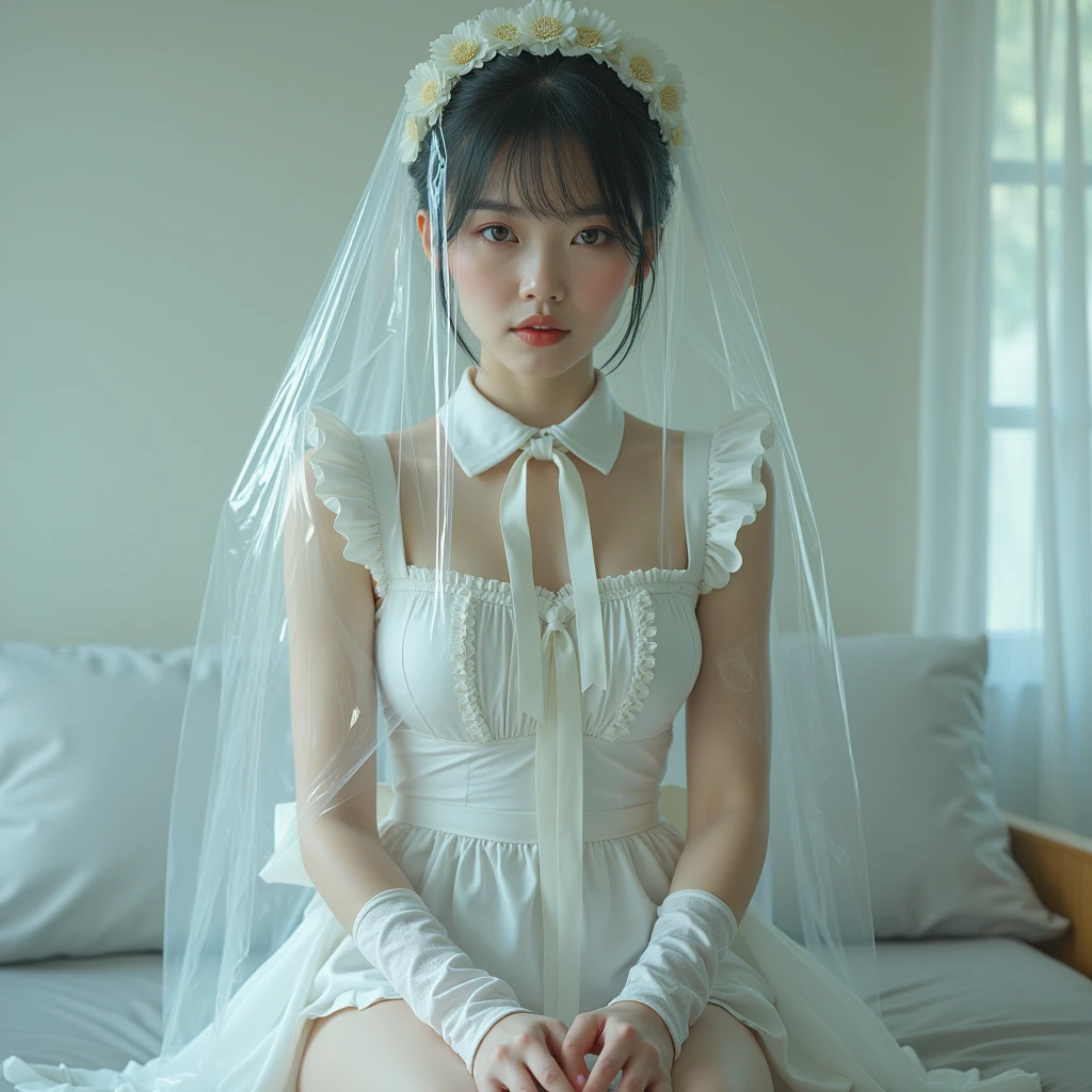 (((CUTE MALAY GIRL))), masterpiece, High quality, UHD 32K, Realistic face, Realistic skin human feeling , A Japanese Lady, 8 years old, ((layered hair with pony)), Very cute and baby-like face, (MATRIX WORLD), ((SADNESS)), (((WHITE))), (((CUTE GIRL))), ((WEARING WEDDING DRESS)) SATIN FLORAL PATTERN, straddle in bed, perfect fullbody, Red Lips,