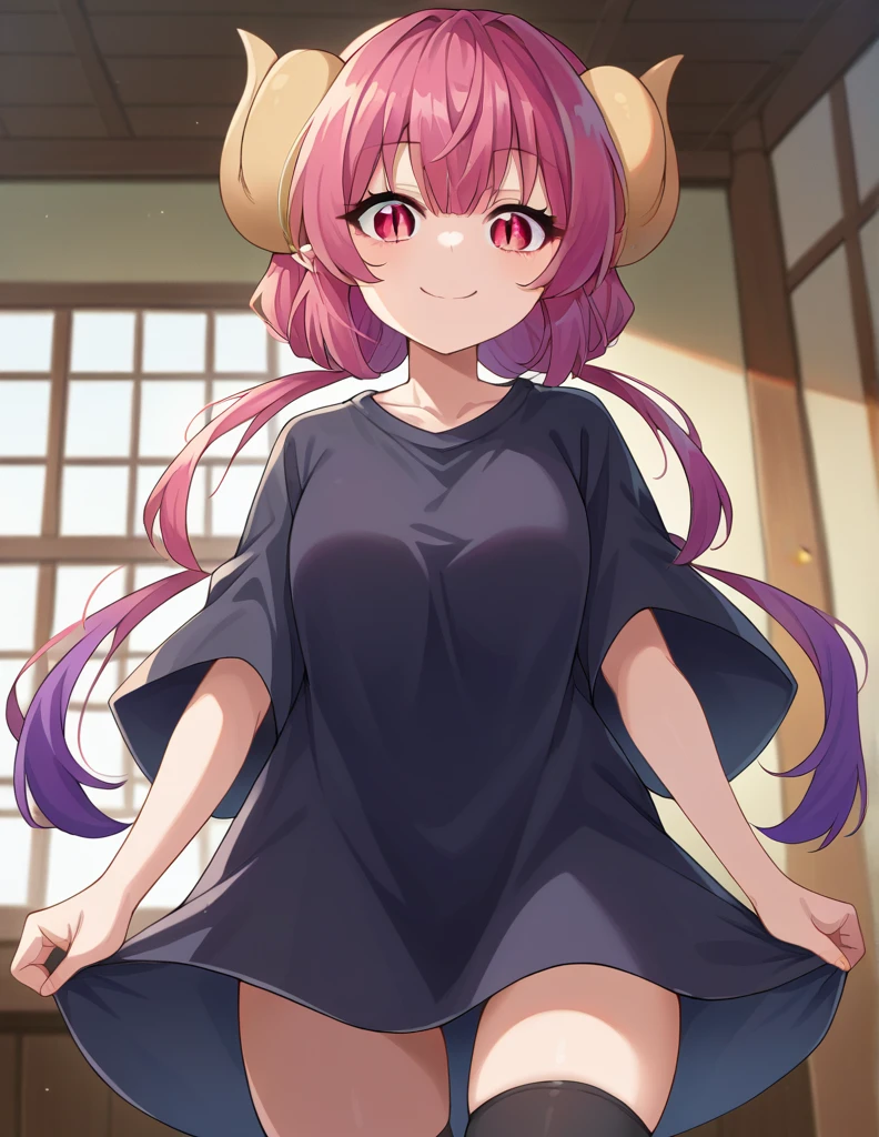 score_9, score_8_up, score_7_up, source_anime,
dragonilulu, ilulu, curled horns, horns, long hair, multicolored hair, purple hair, red eyes, red hair, slit pupils, smile,
black shirt, long shirt, black thighhighs, collarbone, shirt, short sleeves, thighhighs, wide sleeves, zettai ryouiki,
indoors,
looking at viewer, cowboy shot, dutch angle,