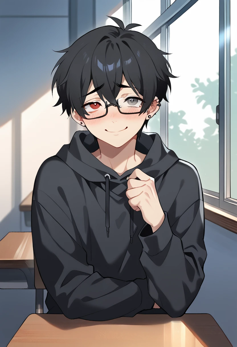 shy young boy with glasses, heterochromia (one red eye and one gray eye), Bblack hair, black sweatshirt, piercing. shy smile, sitting at his school desk near the window 2D anime