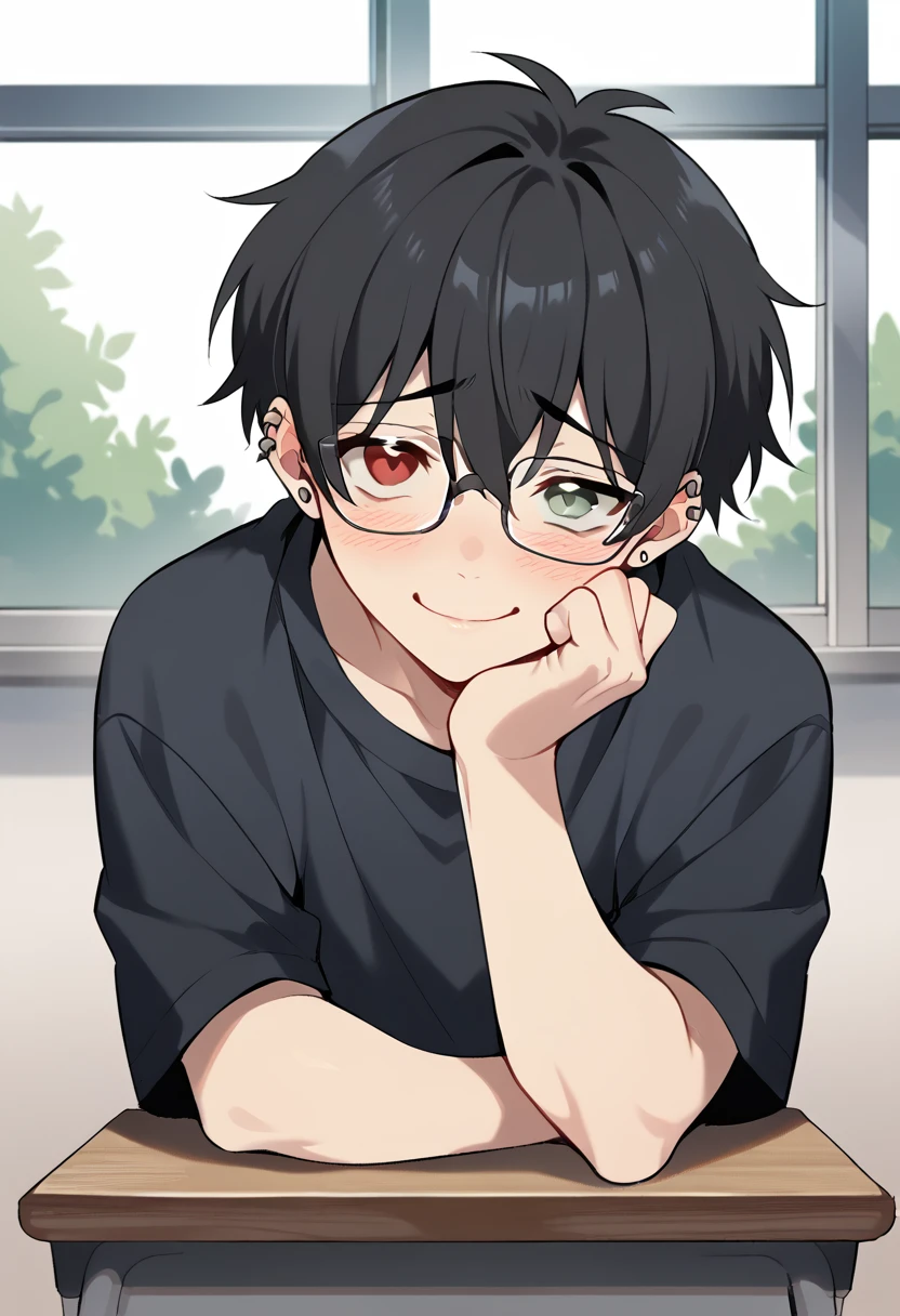 shy young boy with glasses, heterochromia (one red eye and one gray eye), Bblack hair, black sweatshirt, piercing. shy smile, sitting at his school desk near the window 2D anime