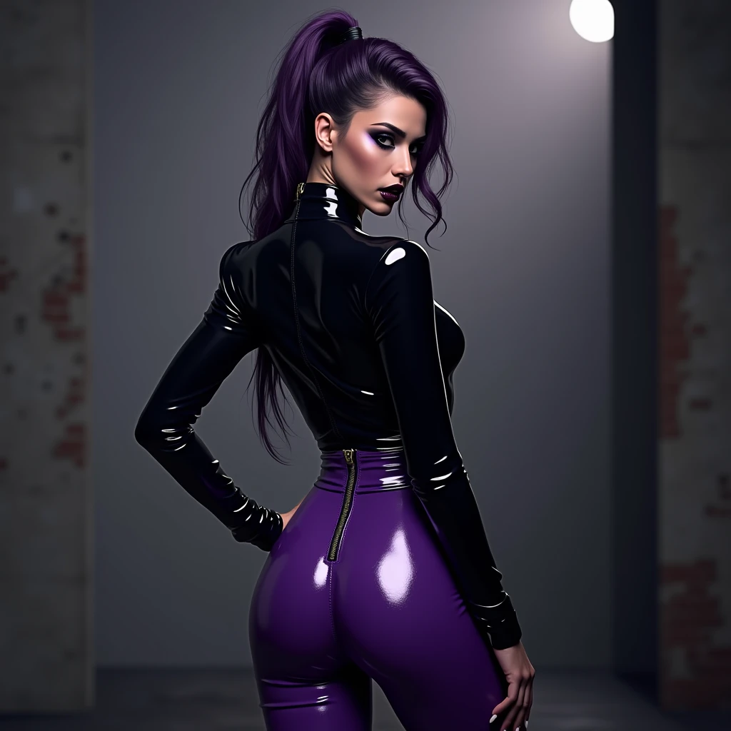 Purple hair , medium , Tight skirt , Baddie , Sexy , Slim , Fit , Ass cheeks , Black boots , See through shirt , Surrealism, Absurdes , Model , 1girl, Goth girl , 8k, super detail, back view