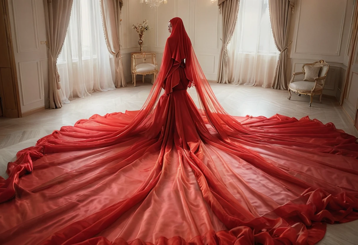 A woman shrouded in a 7-meter-long, plush red transparent satin shimmer cloth, tightly bound and grandly draping along the form of her body, flowing off into a pooled floor-length train and poof style on bottom, styled in a mermaid-inspired, her head modestly veiled in a satin shimmer hijab, 175 weight woman, walk in stair, a full-body pose conveying a sense of elegance, captured in a 4k resolution, ultra-realistic