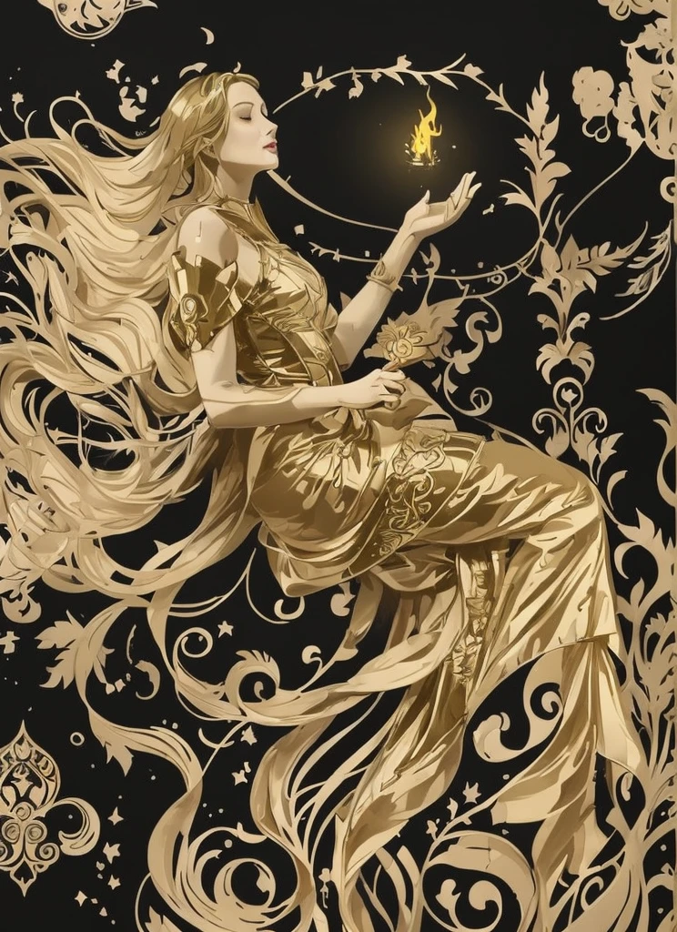 a Art Nouveau gold line art of a woman  floating in air,  The goddess is wearing elegant dress and gracefully lying in the air. She has a long hair burning of fire 