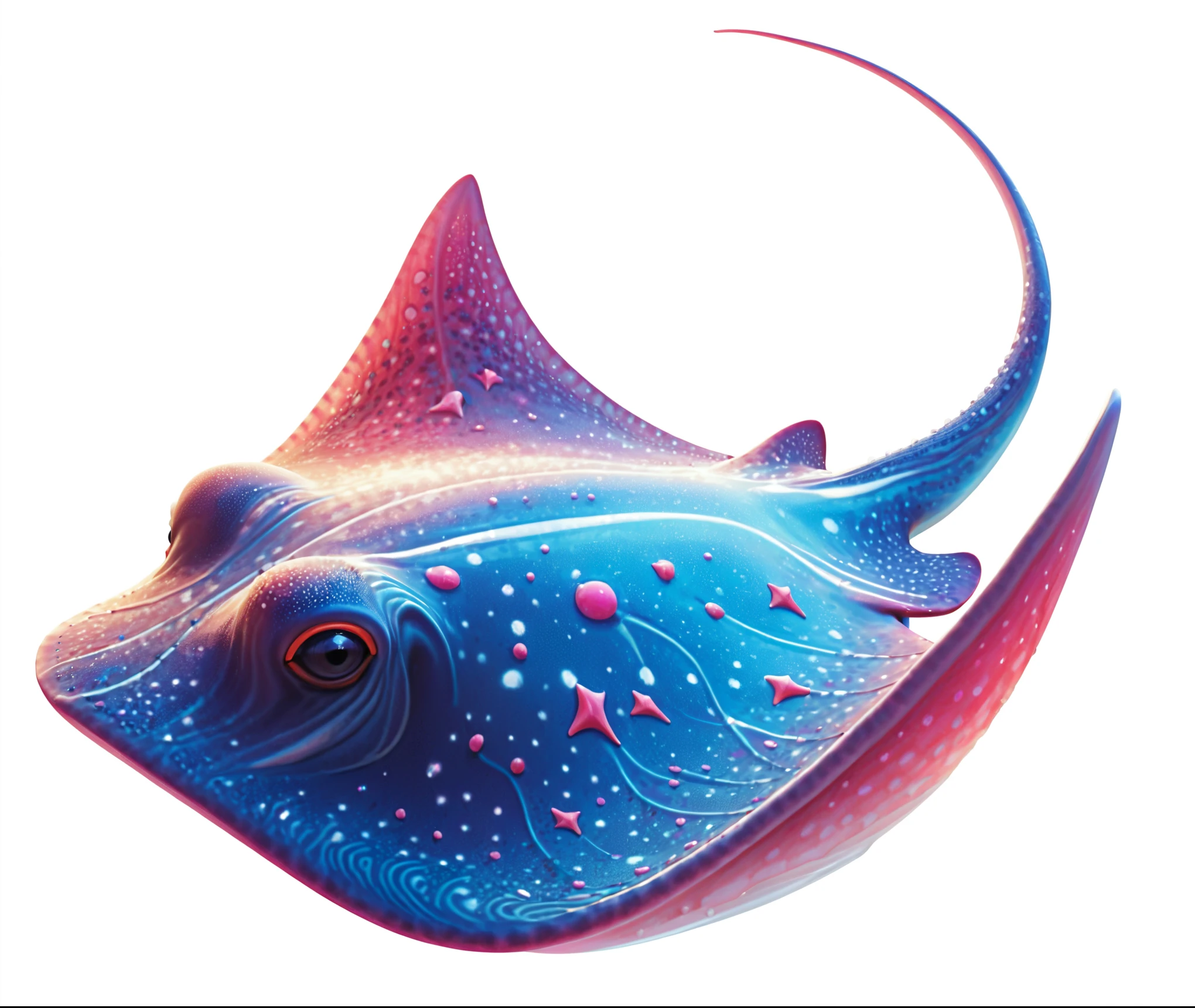 A highly detailed digital illustration of a stylized stingray, viewed from a slightly left side angle, showcasing its majestic and vibrant body as it swims. The stingray's body is triangular in shape with a wide, flat underside and a rounded head, featuring a large, prominent eye with a dark iris surrounded by a bright red ring. Its skin displays an intricate gradient transitioning from deep blue to bright pink and purple, adorned with characteristic white spots and pink triangular markings scattered across its body. The underside of the stingray is predominantly blue with pink and purple gradients and intricate white lines that add texture and depth. The tail is elongated and curved gracefully upwards at the rear end, emphasizing its streamlined shape. The background is plain white, providing a clean and unobstructed view of the subject. The lighting is soft and even, highlighting the vibrant colors and enhancing the three-dimensional quality of the illustration. The overall style is highly detailed and colorful, with a balanced gamma, high contrast, and saturation, creating a captivating and mesmerizing visual effect that showcases the majestic beauty of this underwater creature.