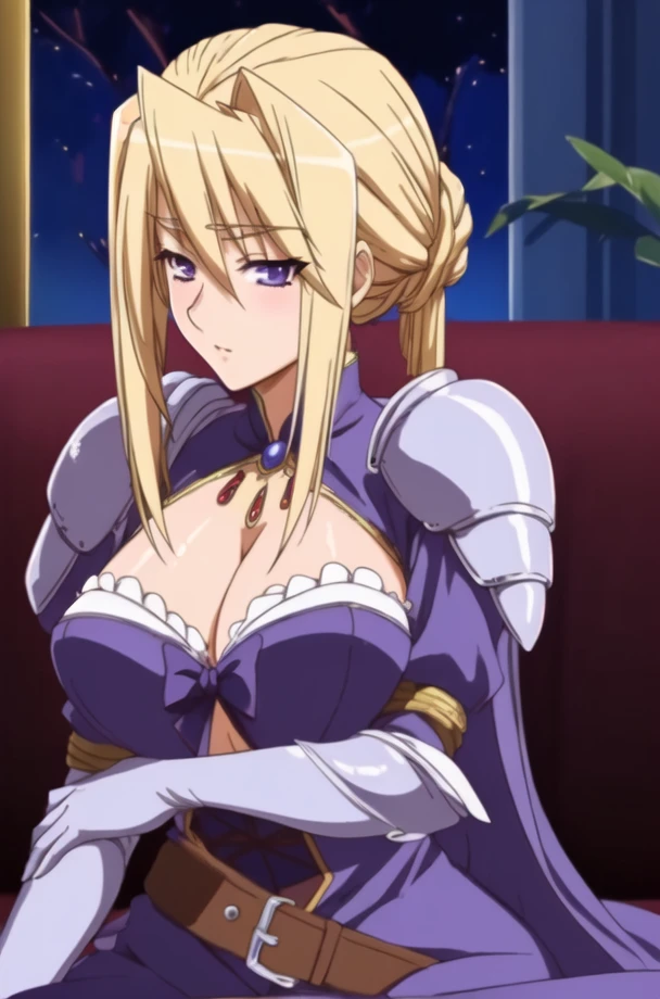 (night:1.7),night, In the dark castle,Brick_wall,
Sitting straight,Sitting on the couch,
purple dress,Blue clothes, Red Cape,white_gloves,belt,Pauldrons, Armor,
blonde_hair,hair_Between_eye, hair_Intake,purple_eye,hair_good,
1 girl,alone, manga,20-year-old,Mature Woman,beautiful Finger,beautiful long legs,beautiful body,beautiful Nose,beautiful character design, perfect eye, perfect face,
Make eye contact, 
Official Art,extremely detailed CG unity 8k wallpaper, Perfect lighting,colorful, bright_front_face_Lighting,
(masterpiece:1.0),(Highest_quality:1.0), 超High resolution,4K,Very detailed,
photograph, 8k, High resolution, High resolution, Absurd:1.2, Kodak Portra 400, Film Grain, Blurred Background, Bokeh:1.2, Lens Flare, (Vibrant_color:1.2)
(beautiful,big_chest:1.4), (beautiful_face:1.5),(narrow_Waist),