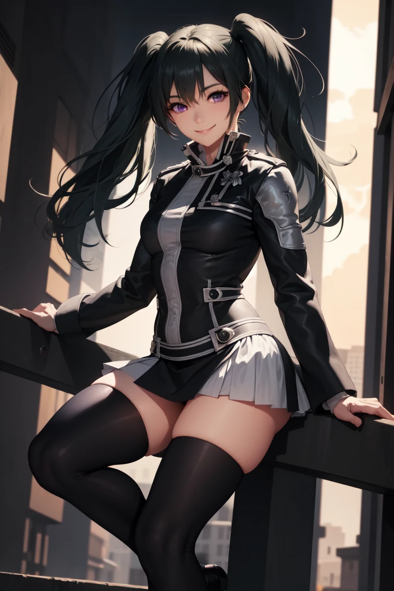 masterpiece, best quality, lenalee, purple eyes, twintails, black jacket, black miniskirt, black thighhighs, leg focus, looking at viewer, serene smile, city, night, looking at viewer, beautiful black simple background