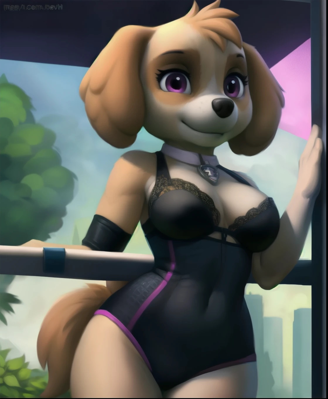 Detailed texture of fluffy fur.., impressionist mix, (por Foxovh, Ross Tran, Michael Garmash, pino daeni, Spark - spark), detailed eyes, very detailed students.., alone, furry, The second, skye-pp, domestic dog, female, magenta eyes, cream skin, golden brown body, skin body, Fully dressed, Detailed texture of fluffy fur.., curves, Wide hips, inner hairy ears,nightclub apartment interior, day, big asses me hugging her
