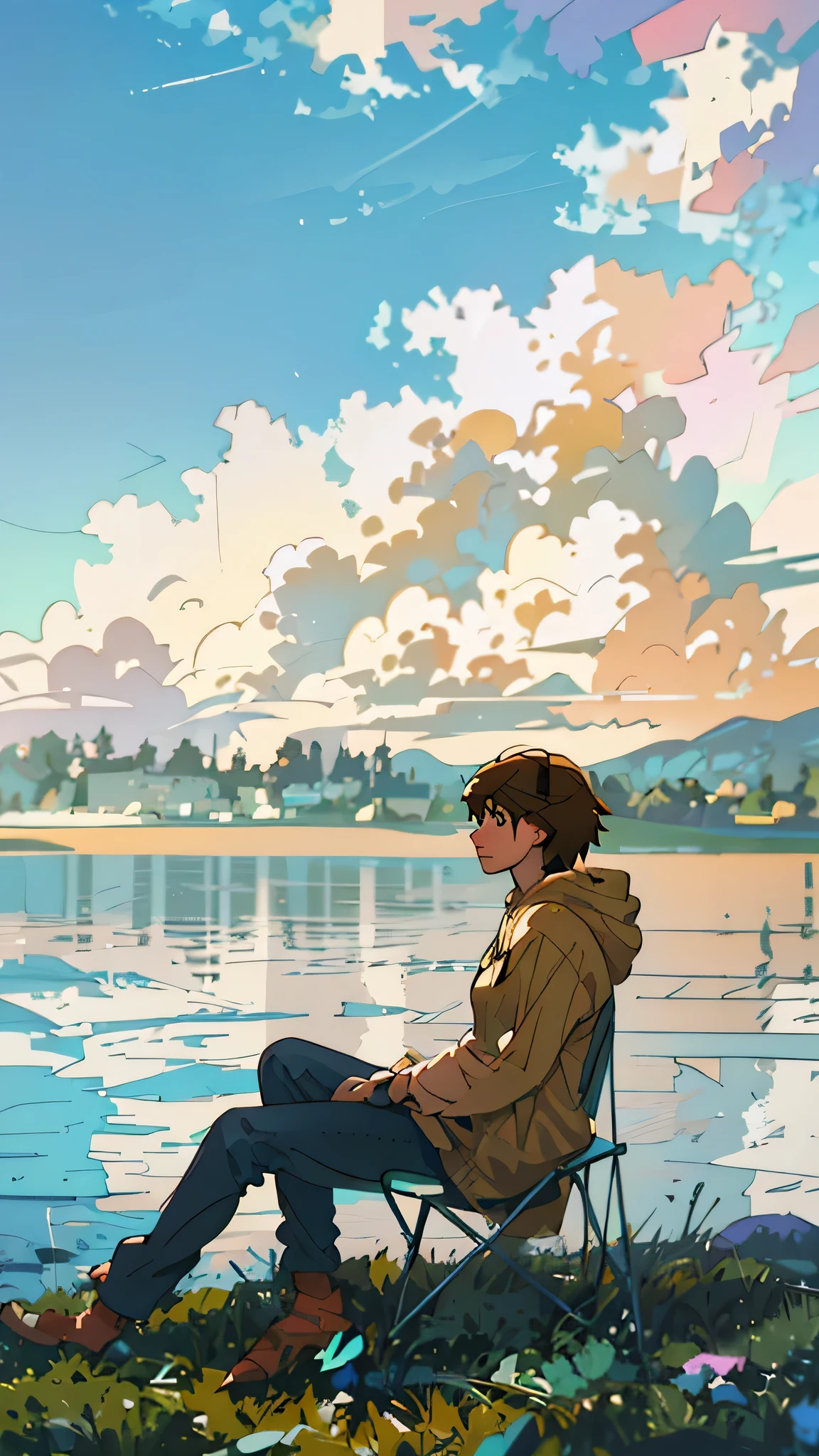 there is a man sitting on a chair by the water, lofi artstyle, anime style mixed with fujifilm, in style of makoto shinkai, style of makoto shinkai, makoto shinkai style, makoto shinkai. —h 2160, makoto shinkai!!, makoto shinkai. digital renderHD, (Best Detail), (Best Quality), (Zelda), (((Blonde))),