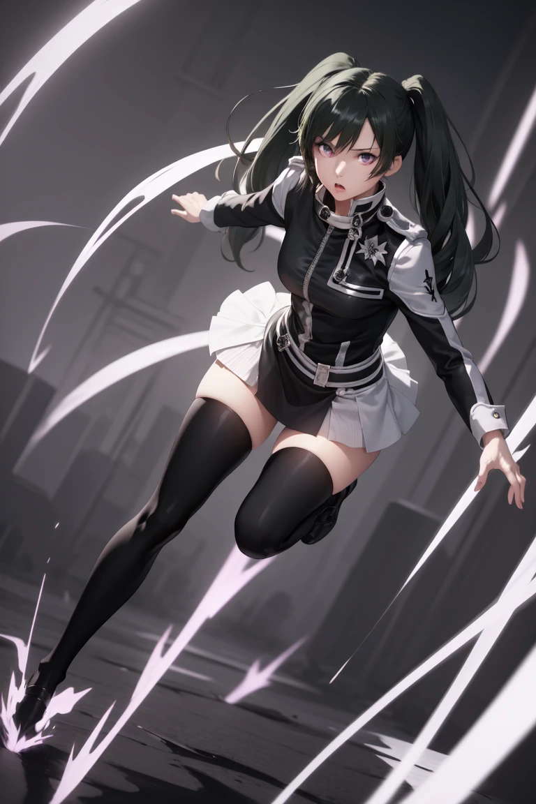 masterpiece, best quality, lenalee, purple eyes, twintails, black jacket, black miniskirt, black thighhighs, leg focus, looking at viewer, dynamic angle, action shot, fighting, beautiful black simple background