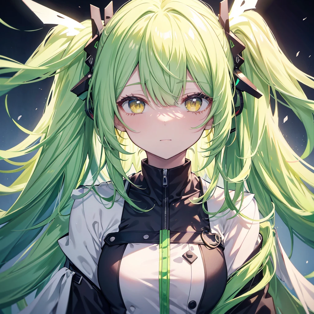 Bangs covering the eyes, 傑Pastel green long twin tails, Yellow Eyes, Long Bangs, Making anime，Highest quality, Highly detailed face，Straight hair, {{{Large mechanical wings spread on both sides.}}}, （pastel colour：1.2，Dark studio，Edge Light，Two-tone lighting，that&#39;dim，base，),Combat cyborg, {{{{{bangs that cover one eye}}}}}, {{{{{Woman illustration}}}}}, 8K quality, Highest quality, masterpiece, Kind woman, Dark atmosphere, Pastel green long twin tails, Yellow Eyes, Long Bangs, A scene from a science fiction movie,Cyborg Woman, A full-body green armor, {{{{{Wearing a pastel green mech suit}}}}}, Sadistic smile, Against a backdrop of an elaborate mechanical city、Details of a ruined future city, Smiling Kindly, 7 Head to Body, Shut your mouth.,Proud face, Detailed Background,Maximum details,Full body illustration, Has a beam weapon, Phantasy Star Online,Narrow eyes,30 years old, In combat,White Long Boots, avert your eyes, White cape from the waist,{{{Asymmetrical hairstyle}}},