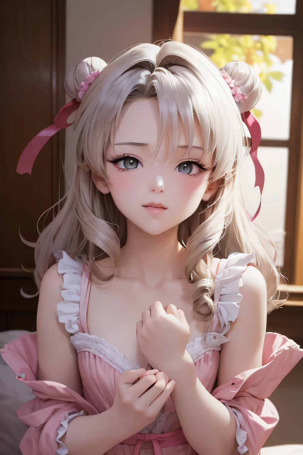 Highest quality、4K、8k、High resolution、masterpiece、Extremely detailed representation、like〜fart、Kentaro Yabuki、Anime Expressions、Beautiful white skin、Beautiful sex、Pink sexy lingerie、Ribbon Lingerie、new, Thin and weak body、Slim figure、Child-like body shape、Tight waist、Small bust cup]、Small and petite breasts、Small and beautiful bust、Transparent double eyelids、Beautiful Eyes、美しいfartそ、Straight and beautiful nose、Beautiful body, Systemic symptoms、アニメのcute、Best situation、Perfect Makeup、Natural lips、Highly saturated lingerie、Provocative look、Beautiful smile、cute、