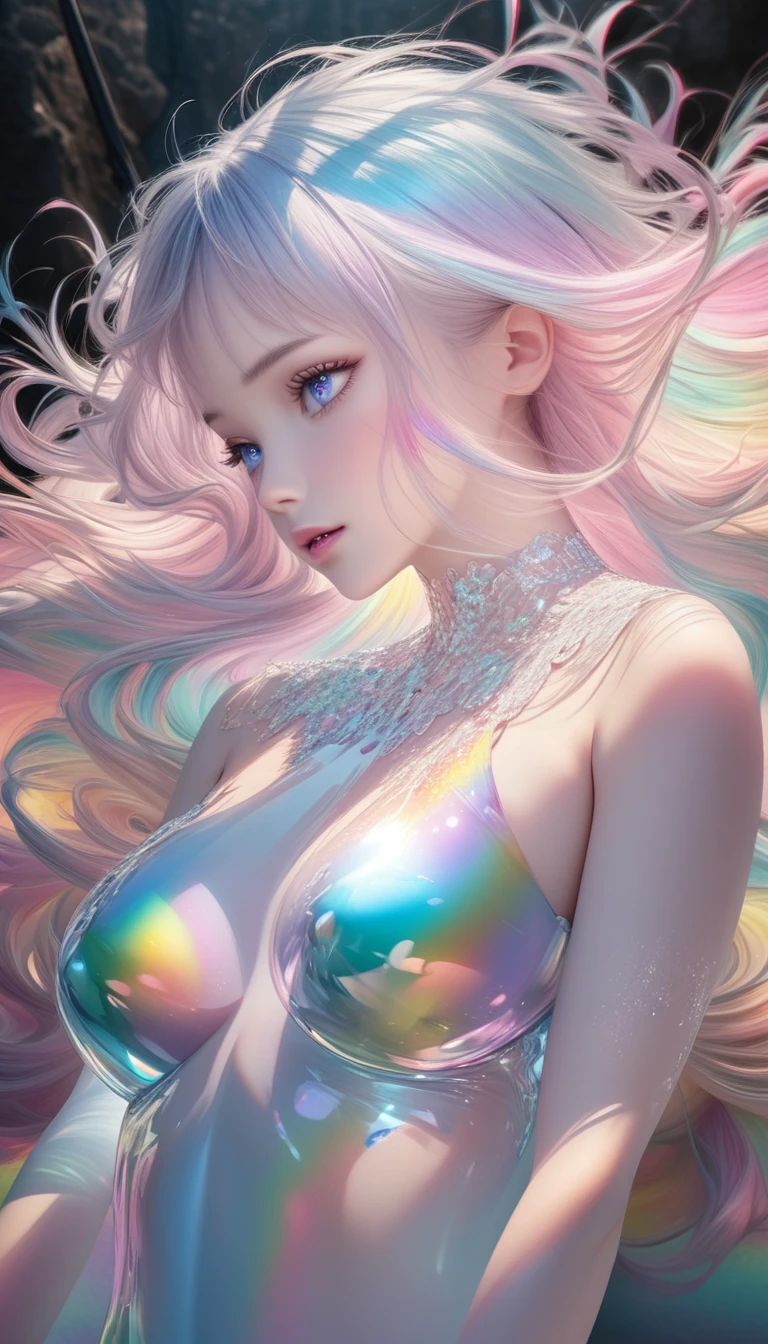(fluorescent colors:1.4), candy world Disney land ethereal soft fluffy soft landscape forest Pastel pink sky green blue sparkle ethereal light pastel whimsical light rainbow stars diamonds sparkle gemstone background hyper realistic Ultra quality cinematic lighting immense detail Full hd Well lit, diagonal bangs, sexy clothes, on side masterpiece, best quality, realskin, 1girl, blunt bangs, long hair, ((best quality:1.7)), (detailed:1.4), highres k, (high res:1.4), 8k, clean, cinematic lighting, beautiful eyes + detail, beautiful hair + detail, 1girl, sexy young female body:1.3,detailed eyes, detaield hands, detailed face, elf woman
