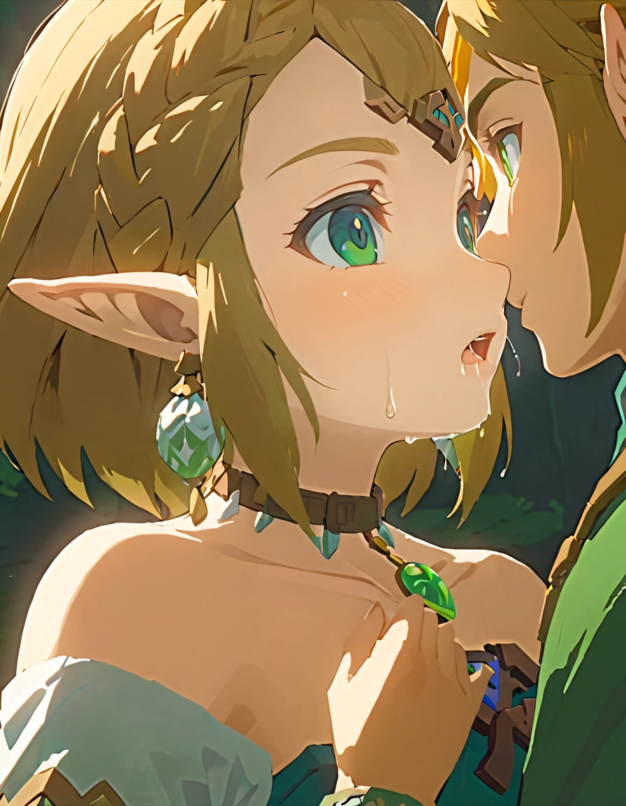 リンクのkissシーン、Adult Link and Zelda embrace each other、kiss、Saliva、Blonde、Bright green eyes, The Legend of Zelda, Pointed Ears, Delicate and beautiful face