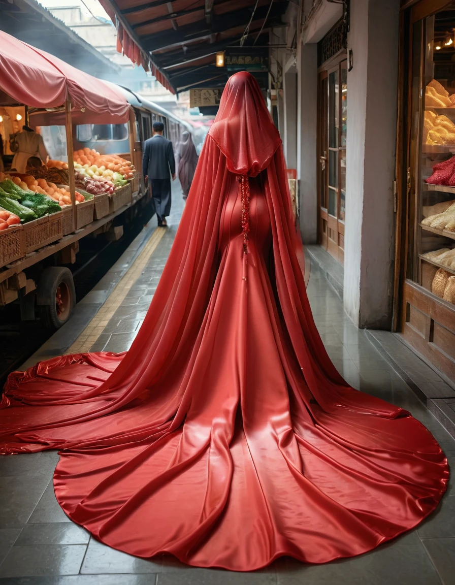 A woman shrouded in a 7-meter-long, plush red transparent satin shimmer cloth, tightly bound and grandly draping along the form of her body, flowing off into a pooled floor-length train and poof style on bottom, styled in a mermaid-inspired, her head modestly veiled in a satin shimmer hijab, 175 weight woman, walk in traditional market, a full-body pose conveying a sense of elegance, captured in a 4k resolution, ultra-realistic