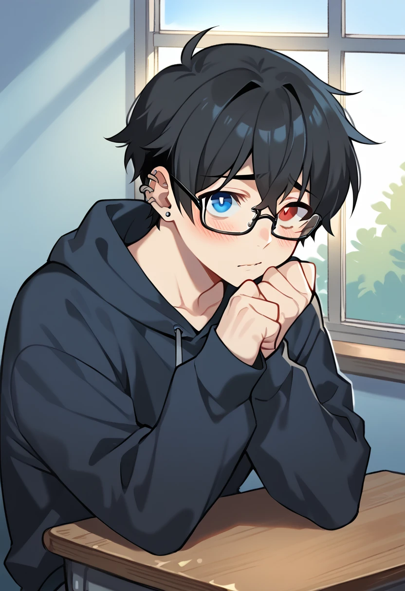 shy young boy with glasses, heterochromia (one red eye and one blue eye), Bblack hair, black sweatshirt, piercing., sitting at his school desk near the window, looking out the window absentmindedly 2D anime