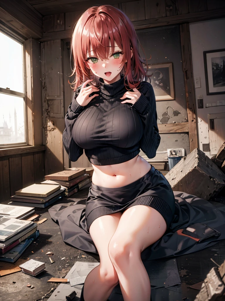 ((Highest quality)), ((masterpiece)), (detailed), One person,Age 25,(Black knit sweater),(mini skirt),Shoulder Bare,Big Breasts,blush,Underbust,(The chest is visible),(Excited expression),(Seduce),night,indoor,The ruins,nightのThe ruins,Dim lighting,(In a dimly lit room),(In a messy room),Browsing Caution,sexy,dirty,Sweat,(Black knee-high socks),