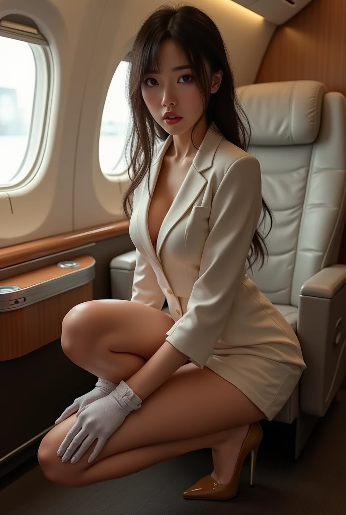 (master piece:1.2),(8k high resolution), (highest quality), (RAW image quality), (realistic), (realistic:1.37), ,Big and patchy eyes,long eyelashes,(Live-action realistic style),realistic light and shadow,clear facial features,,Fair skin, ),(ultimate face,),best portrait, 1-Girl,beautiful and fine eyes,highly detailed skin,(Beautiful face with double eyelids), (realism: 1.4),((full body image)) ,delicate and beautiful face,,woman around 30 years old,(beautiful face 1.4),straight hair length,,(lipstick,glitter around the eyes,beautiful earrings),((Shot on an airplane)),(stewardess uniform,)),(Stewardess in uniform),,(3/4 length),Shoot head-on,,Close-range shooting,((sit on an airplane,show your white panties)),I can see your belly button,Navel exposure,(((Always look at the audience and smile),(No bra,A little cleavage is exposed),,wearing a skirt、((Wearing a stewardess uniform)),(Show a beautiful smile without opening your mouth),(Please open your legs and show me your ??????.)