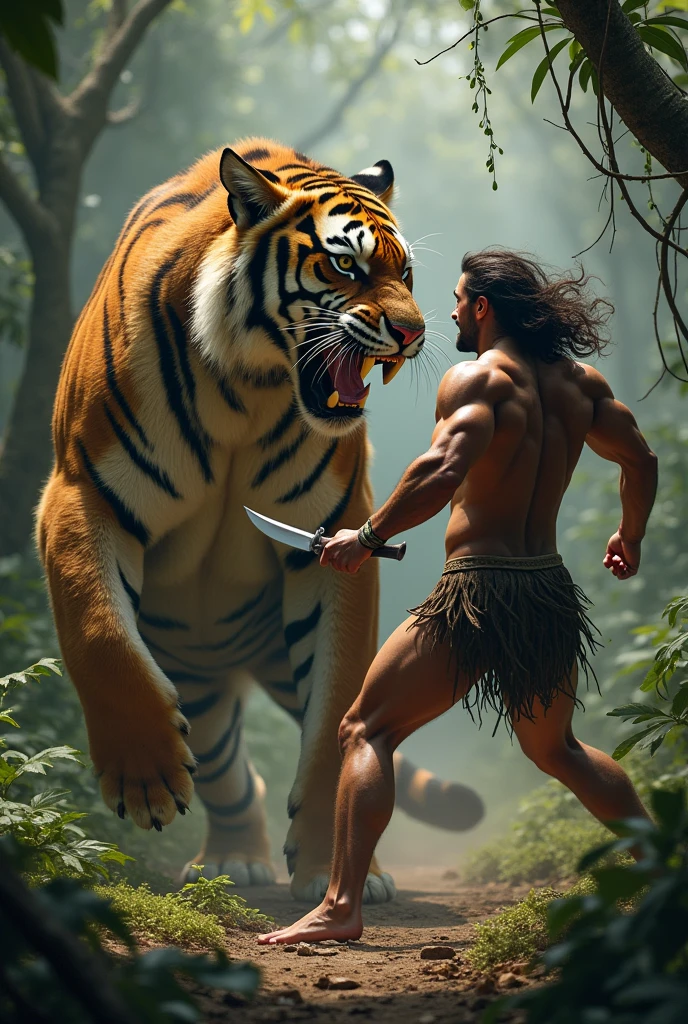 Sabertooth preying on a skinny, weak caveman, with a scared look, no chance of defense