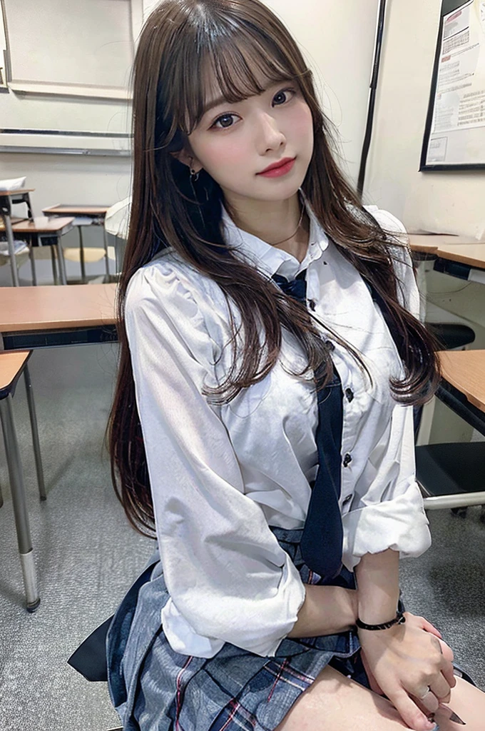 Beautiful school girl、bangs、White collared blouse、skirt、Model body type、Excellent style、Full Body Shot、Big Breasts、Beautiful female facial features、Actual classroom、((sitting cross-legged on a chair))、((Hunchback))、Face-to-face photography、pants