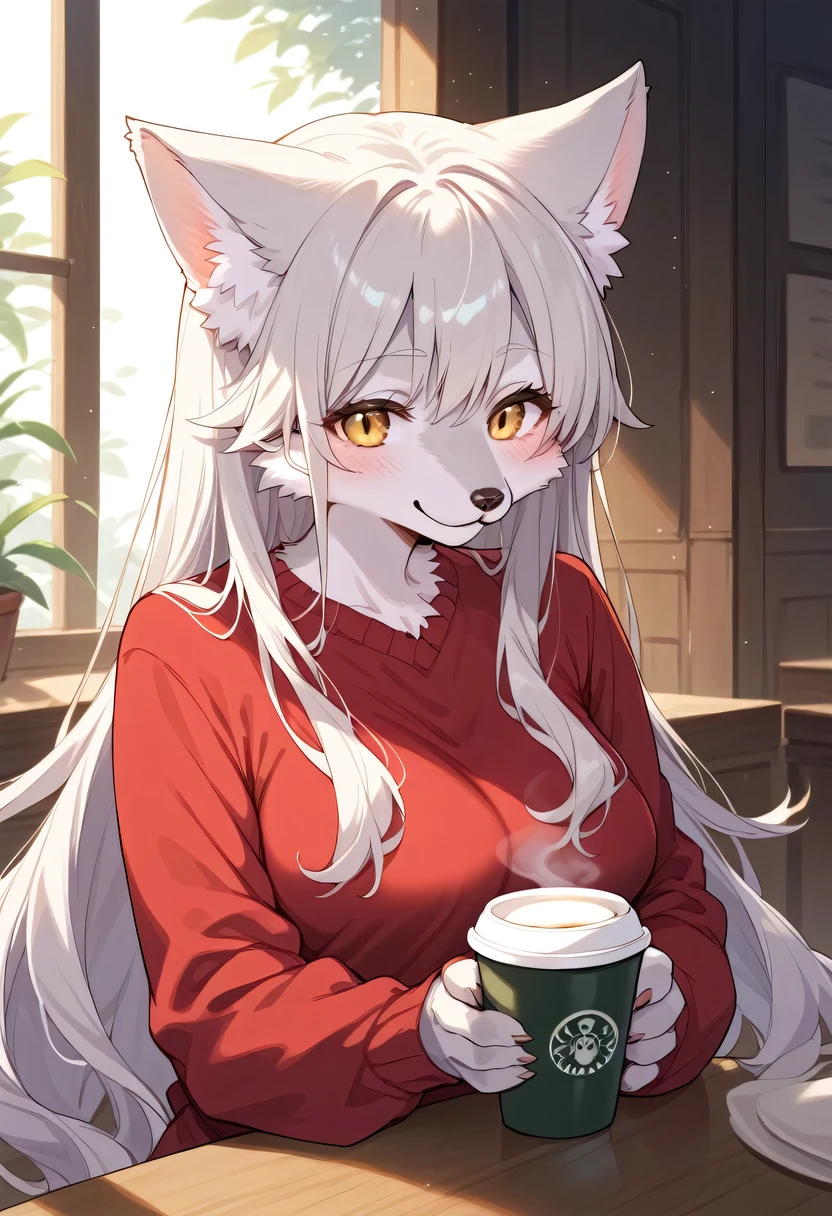 score_9, score_8_up, score_7_up, score_6_up, score_5_up, score_4_up, source_anime, source_furry, best quality, masterpiece, 1 female, (anthropomorphic White Wolf, furry, kemono), A young woman with long hair, blushing cheeks, and a shy expression, sitting in a cozy café. red shirt. The warm, soft natural light of the evening illuminates her face, highlighting her gentle smile. The background includes a coffee cup and a softly lit interior.
