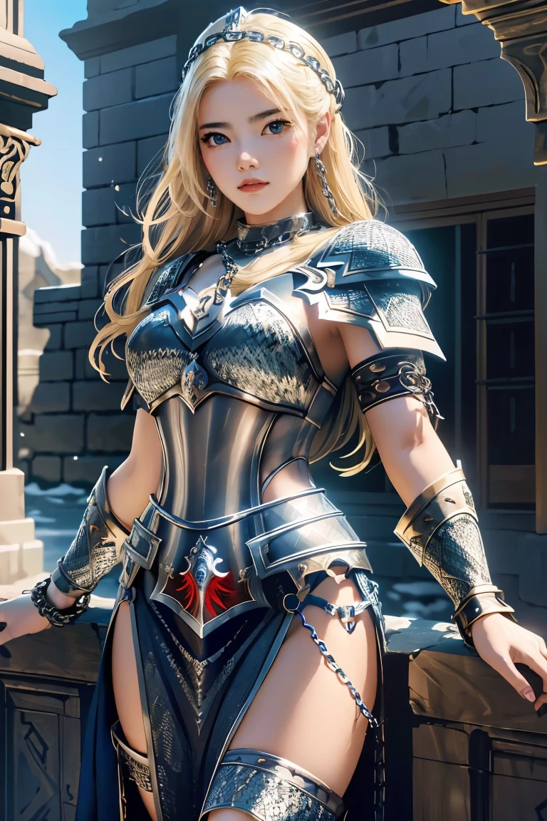 (masterpiece, best quality),  intricate details, 8k, artstation, wallpaper, official art, splash art, sharp focus,
1girl,  solo,  Aasimar \(Dungeon and Dragon setting\), black hair with blond at the highlight, bright blue left eye, and red right eye, ear pierces
,(Chain mail with Anvil emblem on it:1.3), ,wearing [armor|dress], 