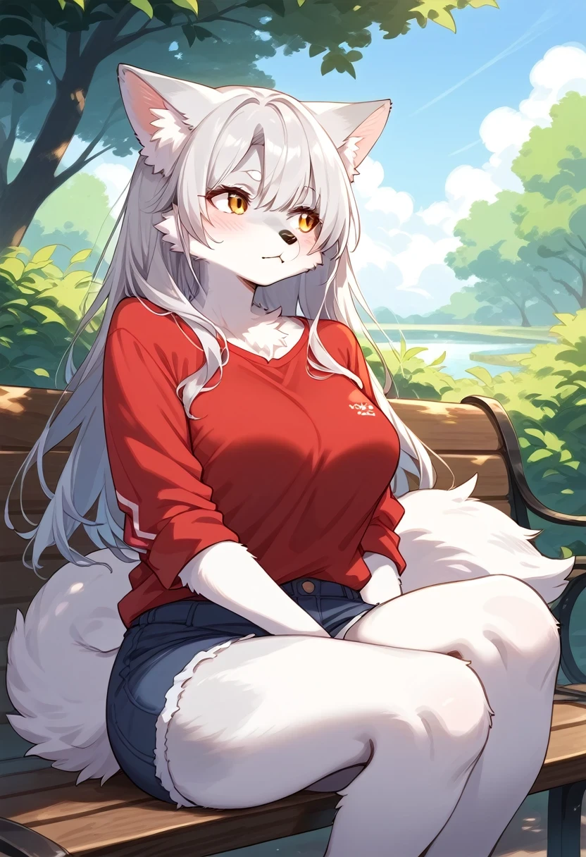 score_9, score_8_up, score_7_up, score_6_up, score_5_up, score_4_up, source_anime, source_furry, best quality, masterpiece, 1 female, (anthropomorphic White Wolf, furry, kemono), A woman with a casual outfit and blushing cheeks, sitting on a park bench during sunset. She looks away shyly, red shirt, her face gently lit by the warm hues of the setting sun. The background features the texture of the wooden bench and the soft glow of the evening sky,