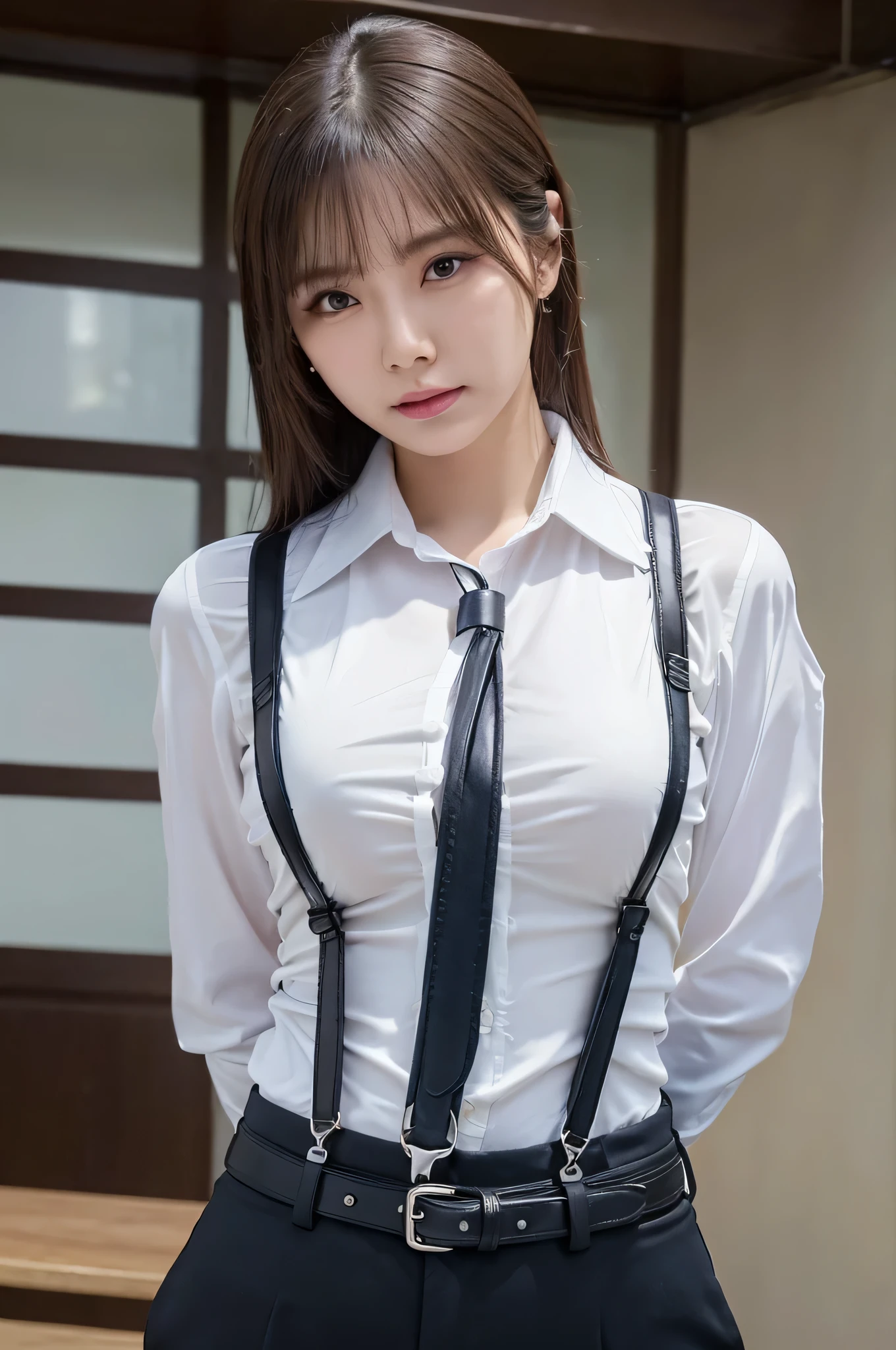 a woman in a suit, belt, hands behind back, sweating, suspenders, black pants, large breasts, see-through clothing, rain, detective, office worker, white button-up shirt, (best quality,4K,8k,highres,masterpiece:1.2),ultra-detailed,(realistic,photorealistic,photo-realistic:1.37),hyper-detailed,highly detailed face and body, Slender　thin　suspenders　Moderate breasts　See-through shirt　Nipples　holster　chain　Pistol　Armament　criminal　Female criminal　knife 　 Hands Behind Back　Constraints 程よい胸
