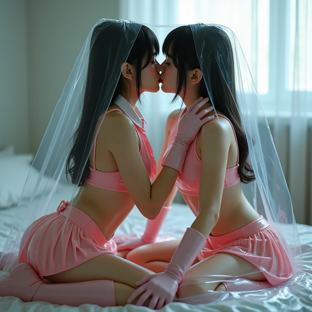 Two girls sitting on a bench, wearing just short tops, dark sheer gloves, white sheer socks, and garters, they're kissing eachother and holding hands. Kiss. White sheer socks. Dark sheer gloves. Yellow garter. Underboob. Full crotch nudity. Navels. Full belly nudity.