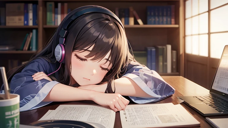 Beautiful girl studying in her room while listening to music with headphones　Warm lighting　When I look out the window on a full moon night, the cherry blossoms blow around me.　Japanese anime style