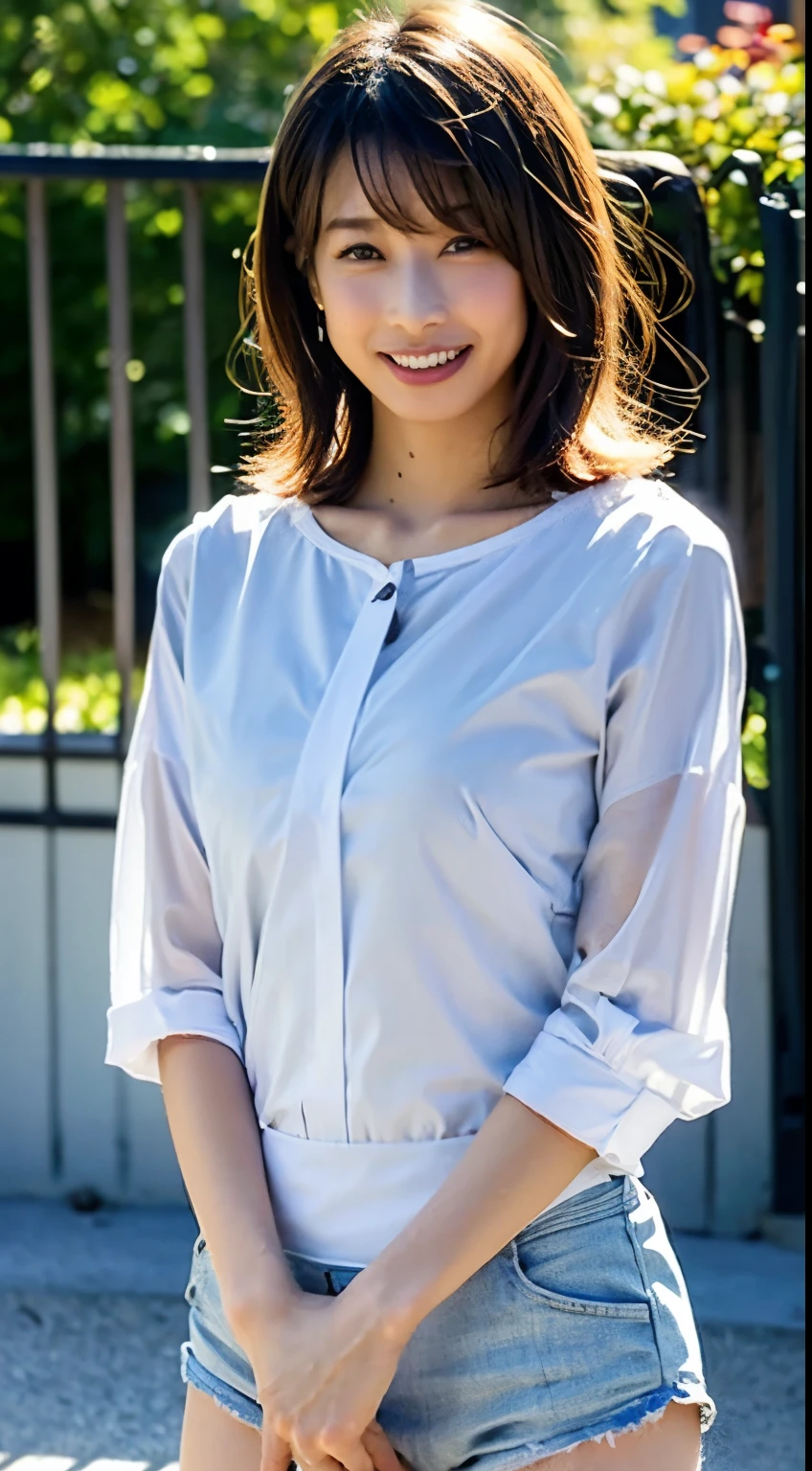(nsfw:1.5),1girl, (white sheer blouse:1.6),(RAW photo, best quality), (realistic, photo-realistic:1.8), masterpiece, an extremely delicate and beautiful, extremely detailed, 2k wallpaper, Amazing, finely detail, extremely detailed CG unity 8k wallpaper, ultra-detailed, highres, soft light, beautiful detailed girl, extremely detailed eyes and face, beautiful detailed nose, beautiful detailed eyes,cinematic lighting,(in the city:2.0),perfect anatomy,(slender body:1.6),(close up face:2.0),(laugh,friendly, warm:1.8),(looking at viewer:2.0),(young japanese idol:1.8),(wavy short brown hair:1.8), (brown eyes:1.8), (cleavage:1.4),
