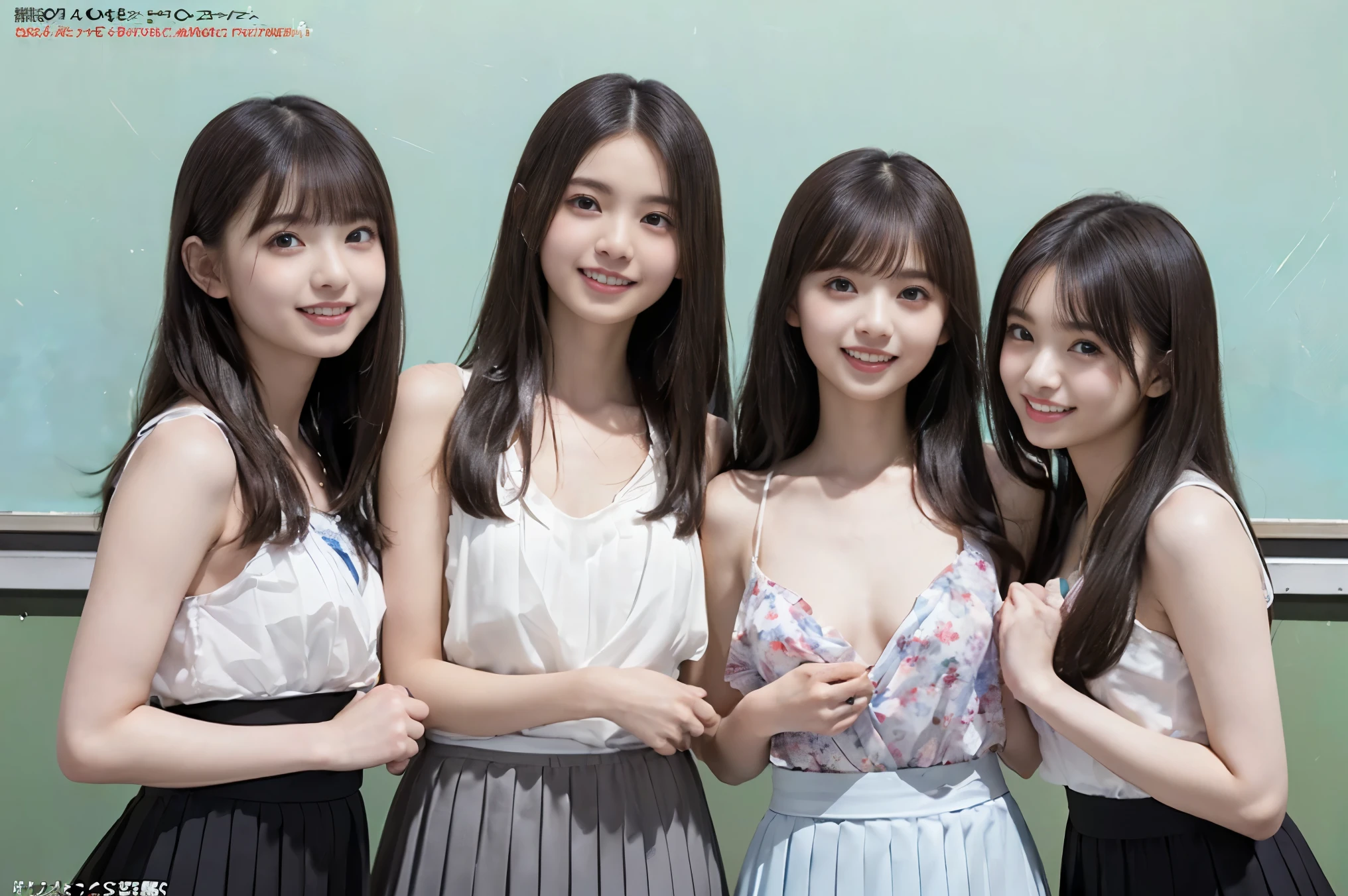 Ultra high definition, A group of girls in blue dresses taking pictures, Realistic:1.5, 8k Raw Photo:1.5, In the soft sunlight of a clear day,happy birthday. Bright smile, Soft skin texture, masterpiece,
