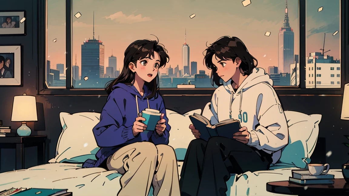 Junkotvv and neocruz playing video games together in a room full of 80s style anime and posters in neon tones with video game controllers in their hands and enjoying