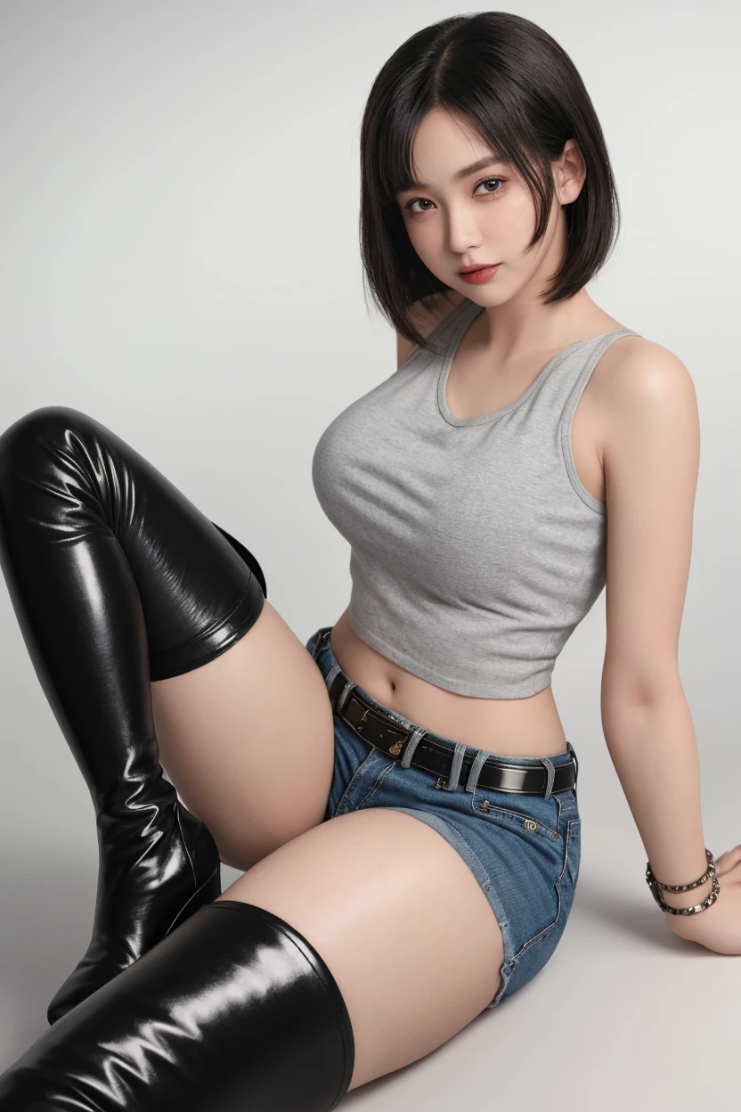 Mulher jovem, bonita, rosto perfeito, saia curta azul e top preto, top com decote, cleavage, botas pretas, roupas curtas, abdome exposto, abdome fino, encostada em uma parede cinza, Mulher sul-coreana bonita, linda mulher coreana jovem, cabelos loiros, menina coreana, Modelo de moda feminina coreana, Jiyun Chae, azul e preto, Parque Ji-min, mulher coreana jovem bonita