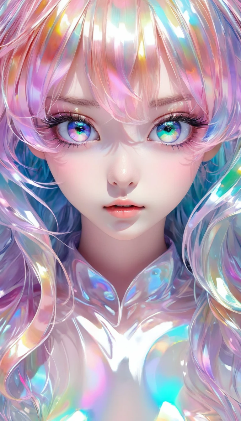 conceptual installation pastel color colorful artwork, kawaii beauty, striking beautiful eyes, glossy silky messy hair, amorous and lewd expression, perfect proportions, wearing transparent iridescent naturally luminous, delicate and dynamic textures, contrasts of light and shadow, 2.5D, artistic photography, hyper realistic, digital graphic CG, ultra detailed, absolutely resolution, best quality