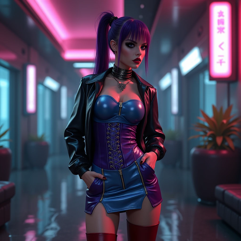 Neon noir beuatiful woman wearing an underbust corset Stretching in Strand, <lora:xl_underbust_corset-1.0:0.8> . Cyberpunk, dark, rainy streets, neon signs, high contrast, low light, vibrant, highly detailed