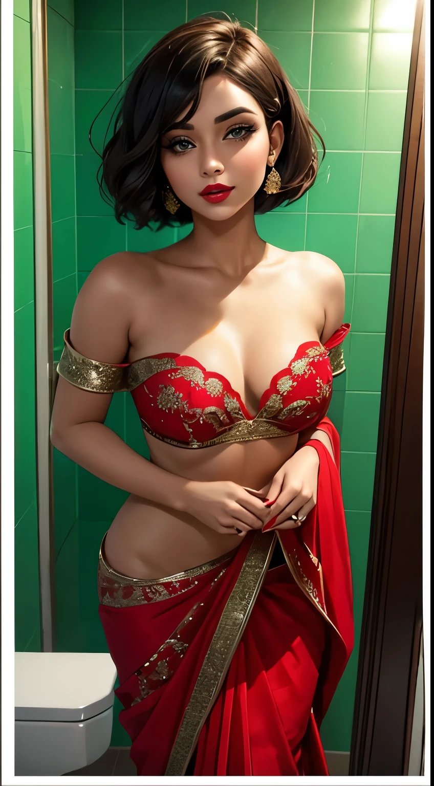 Deepika Padukon Indian Actress looking realistic wearing sexy skirt and red top on the streets of Varanasi with a pot in her hand big breast and red lips