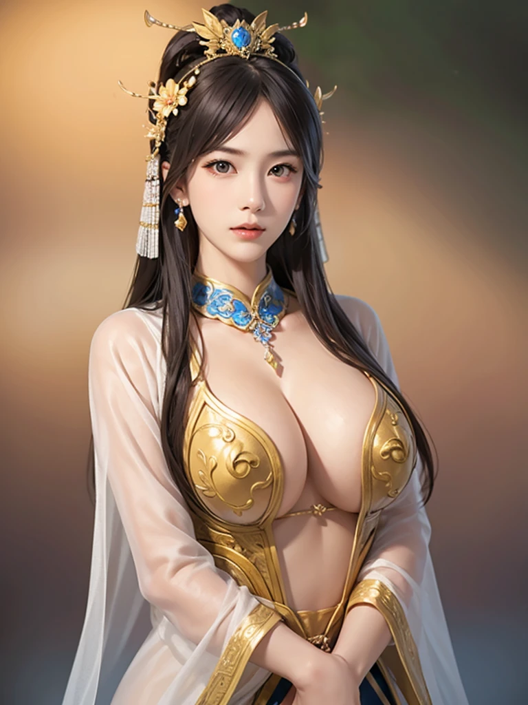 1 Woman in Han Dynasty Armor、There are exquisite patterns on the armor of the Han Dynasty、beautiful girl、Delicate body, Exquisite eyes、Long hair,、Gorgeous hair ornaments, Han Dynasty landscape、Everlasting,、whole body、Three Kingdoms、 Large Breasts， Solid background, Smoky environment, Adds a touch of mystery and drama to the scene. Soft and even lighting, Cast soft shadows, Create an atmosphere of seriousness and focus.