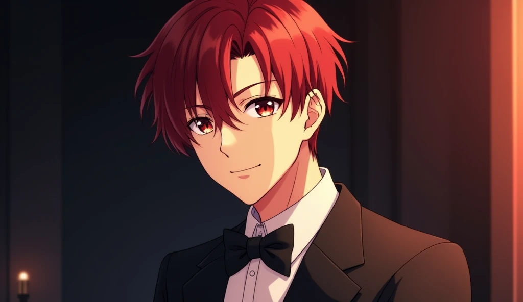 a close up of a person wearing a tuxedo, kimetsu no yaiba, handsome guy in demon slayer art, warm and gentle smile, a radiant, ufotable art style, expressive happy smug expression, soft happy smile, a confident smile, he is smiling, perfect anime face, sarcastic cute happy smile, ufotable studio art style, smiles in despair, in anime, in dark red hair's