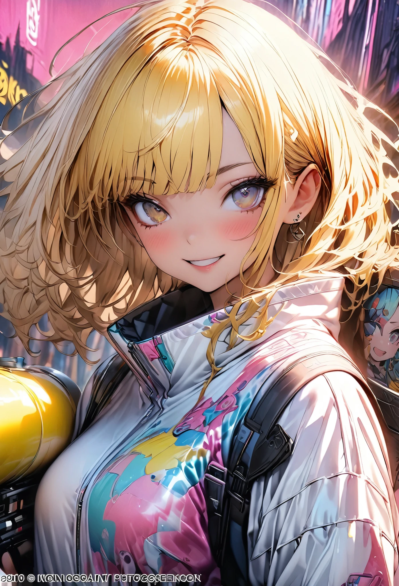 (masterpiece, highest quality, highest quality, Official Art, beautifully, aesthetic:1.2), (photographreal:1.5), Blake A girl holds a bunch of candy and a candy machine、Pink background with stars, Upper Body,A Smile Break by Alice Prin, photograph, Detailed painting, Pop Surrealism, (Neon yellow colored hair:1.5),Strong winds,Giant Marshmallow Candy Machine Breaking Needlework, Intricate Design, pop art, Creative Expression, Colorful yarn, cyber punk, work suit, jumk shop, Neo Dada BREAK