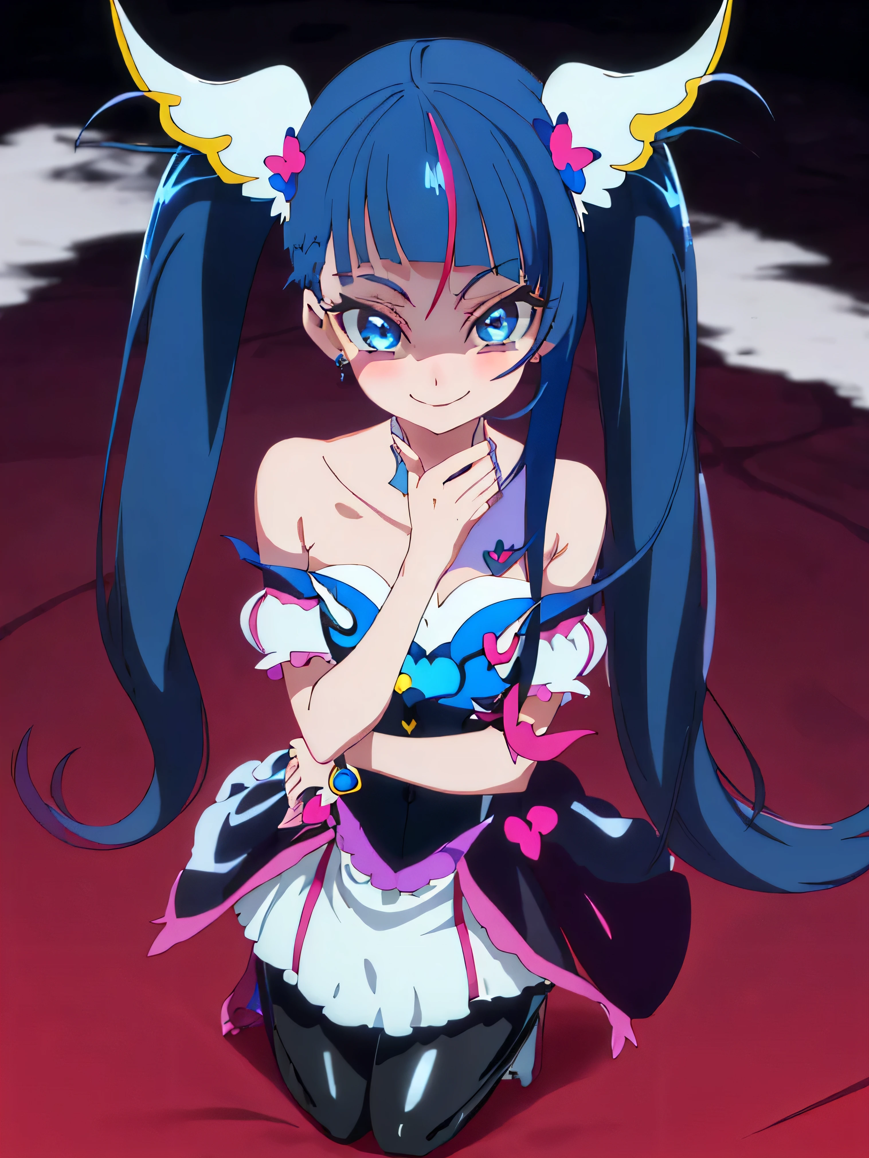 Highest quality, Very detailed,One Girl, alone, {cure_zero_hirogaruzeroprecure:1.15}, Dark blue hair, Blue eyes, Blue flames in the eyes, Long Hair, Twin tails, Magical girl, bangs, Open your mouth, Redhead, multicoloRedhead, One Girl, blunt bangs, Darken your clothes, hair ornaments, Wicked Smile, devilish aura (Shiny fabric:1.5), Full Body Shot, Purple Gemstone, attractive, blush, (Beautiful attention to detail:1.6), Very detailed顔, Perfect lighting, Extremely detailed CG, (Perfect hands, Perfect Anatomy), devil, Red and black color scheme, Shiny material, Grin, Black ribbon, black satin gloves, Evil clover leaf ornament, Black frills, jewelry, corruption, Latex Gloss, Black Gothic Cape, Wicked Smile, Dark World Background, Red Moon, cloudy zero, CG Style, One-sided black wing,Dark shadowed face,Sadistic smile,Malice,Contempt,smile,black,Perfect hands,Perfect body,