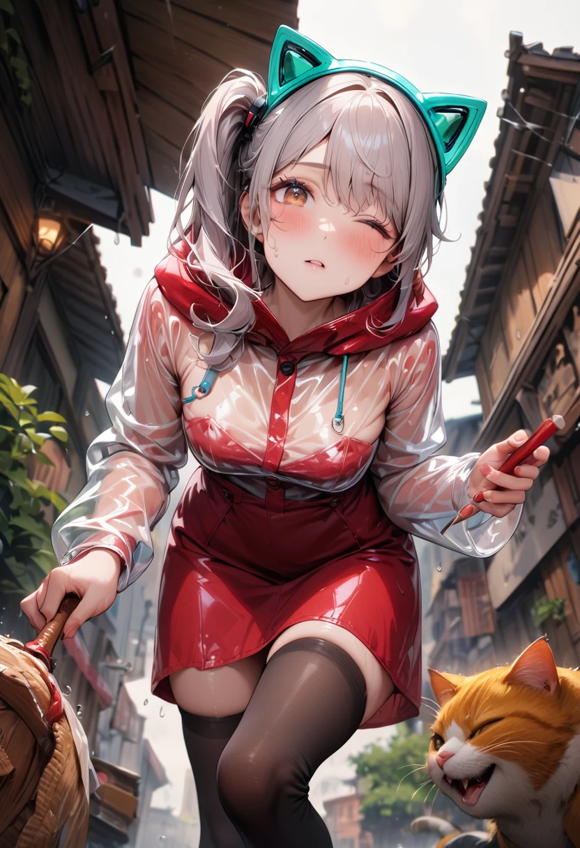 (best quality, masterpiece:1.2), 8k, very aesthetic, absurdres, high resolution, detailed face, official art, beautiful eyes, realistic, brown eyes, tareme, (side ponytail), long hair, silver hair, swept bangs, Mecha cat ears, aqua headphone, food, put on oversized Transparent raincoat, (red pencil dress:1.2), medium breasts, (cleavage:0.5), black thigh-highs, boots, (white panties, cameltoe:0.7), textured skin, BREAK zettai ryouiki, leaning forward, holding umbrella, head tilt, one eye closed, parted lips, sigh, blush, sweaty, rain, cowboy shot, from below, (dutch angle:0.8), full body,