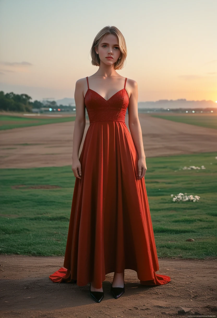 Full body image, Sydney Sweeney, red dress with low cut breasts, black highheels, cinematic light, uhd, 4K, intricate, sunset, cinematic lighting, pov, Nikon, Color Field painting, UHD, masterpiece, anatomically correct