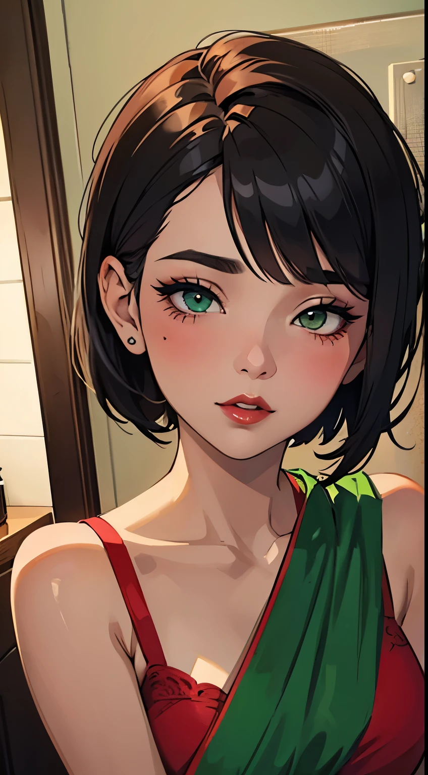 Amazing portrait of a sexy woman with her short hair in a bob style and her face covered with lots of makeup gazing at us seductive with her perfect red lips parted wearing a green saree in an empty bathroom