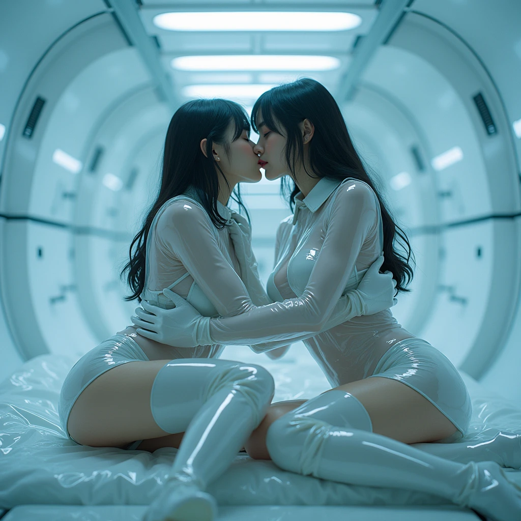 masterpiece, highest quality, 2girls, brainwashing factory, a nurse prepares a woman to be brainwashed into a, black latex suits, scared, brainwashing, bimbofication, laboratory, injection
