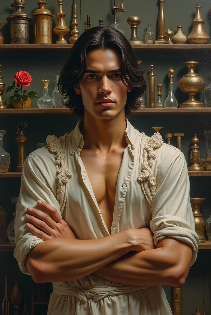 in jc leyendecker and paul cadmus art style, fullbody, a young latino man standing behind the counter , calm gentletly smiling, soft colors, with a confident look, shirtless, pantless, smiling, sexy gaze, perfect anatomy, the merchant, shelves with HERBS, FRUITS, LITTLE BOXES, VEGETABLES, GRAINS, DUMBBELLS skinny detailed muscles, muscled legs, handsome, gorgeous, man adventurer, latino, purple roses, smirk, short bob haircut, ruffles, silk, reach intricate backgroun