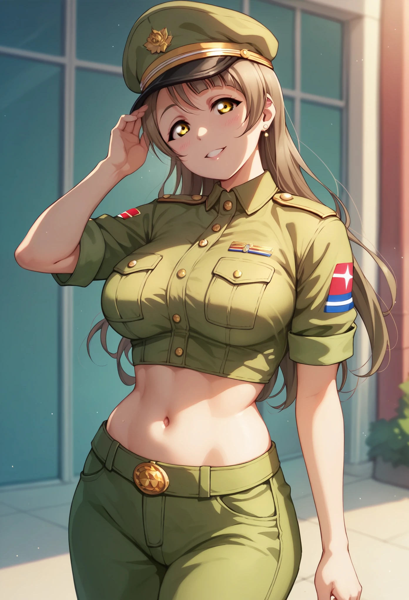 minami kotori love live,nsfw, yellow eyes,long hair,large breasts , standing,army clothes, army cap,milf ,salutation, midriff 