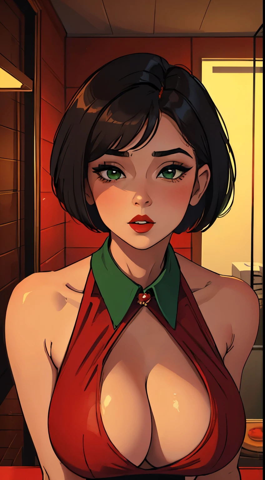 Amazing portrait of a sexy woman with her short hair in a bob style and her face covered with lots of makeup gazing at us seductive with her perfect red lips parted wearing a green saree in an empty bathroom